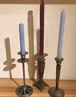 3 Ornate Silver Plated Candlesticks Candleholders Candle Holders Pottery Barn Amber Black Glass