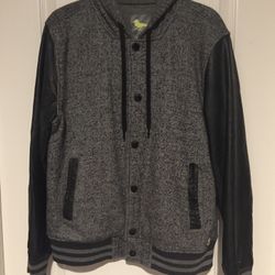 Modern Amusement Fleece Faux Leather Hooded Varsity Jacket