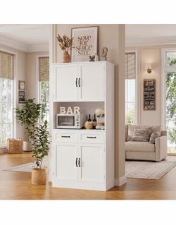 HOSTACK 71“ Tall Kitchen Pantry Storage Cabinet, Modern Kitchen Hutch Bar Cabinet with Microwave Stand, Wood Buffet Sideboard with Hutch, Cupboard wit