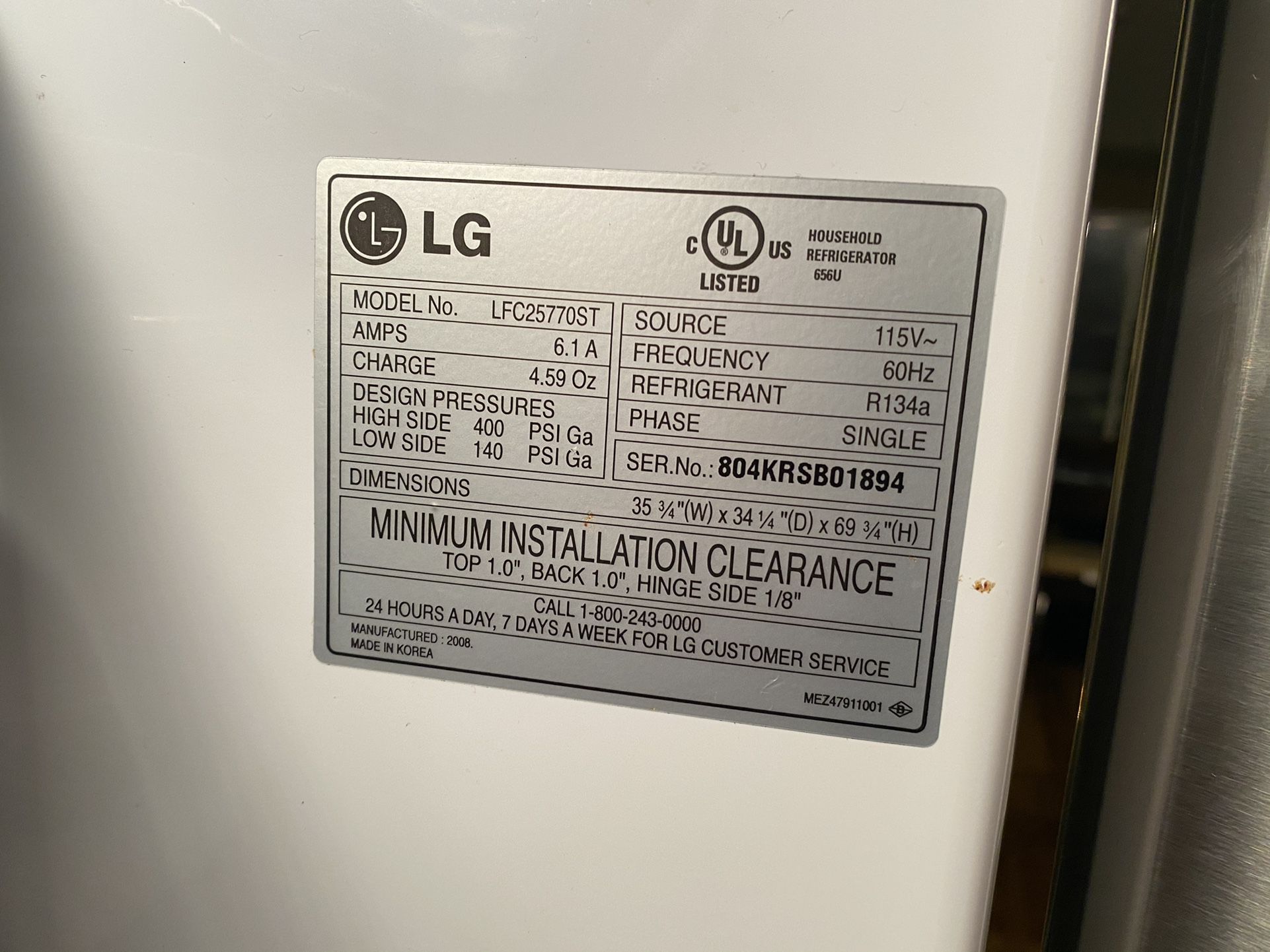 LG Refrigerator 25cuft 36” X 34” X 70”