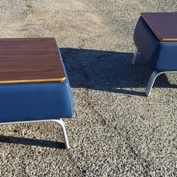 2 WOOD TOP TABLE BLUE MIDDLE AND METAL LEGS. $30 EACH OR BOTH FOR $50.  