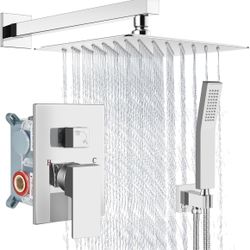 Shower Faucet Set Rain Shower System with Handhelo Spray Bathroom Shower Combo Rough-in Valve and Shower Trim Kit Included Polish Chrome 12 Inch Wall 