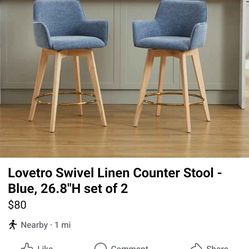Lovetro Swivel Linen Counter Stool - Blue, 26.8"H