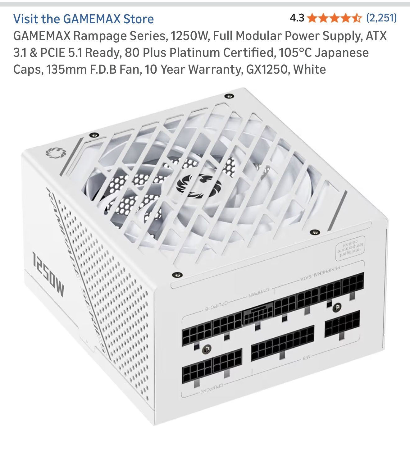 GAMEMAX Rampage Platinum 1250w White Power Supply 