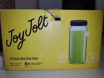 Joy Jolt Glass Juice Bottles, 16 oz Glass Bottles. Set of 8 Juice Black Lids