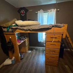 Wood Loft Bed w/ Desk & Drawers – Space Saver – Good Condition