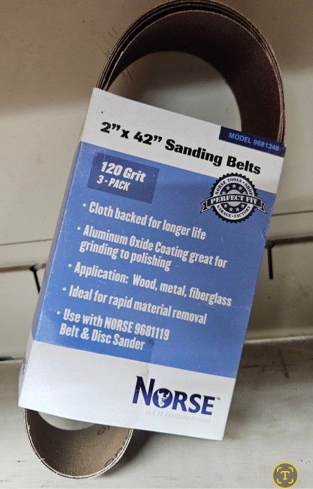 2" x 42" Norse sanding belt, 120 grit, 3-pack for wood, metal, and fiberglass.