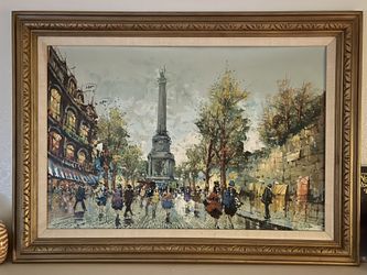 Framed Paris Painting, Place Vendomme Vintage, French Impressionism