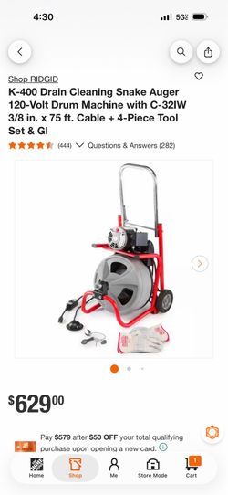 RIDGID K-400 Drain Cleaning Snake Auger 120-Volt Drum Machine with C-32IW 3/8 in. x 75 ft. Cable + 4-Piece Tool Set & Gl