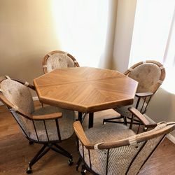 Dining Set  (Vintage Douglas Furniture Oak Octagon 4 Rolling Chairs + 1 Leaf Extension) PICKUP ONLY!