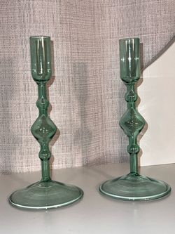 Green Glass Candlestick Holders Set of 2