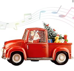 Lighted Vintage Red Truck Decor, 11.3" Musical Christmas Snow Globe with Swirling Glitter, Santa Claus in Truck Car Model, Light-Up Christmas Decorati
