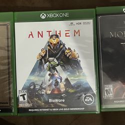 three Xbox one games, elder scrolls, gold, edition, elder scrolls Morrowind, and Anthem 