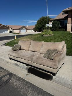 Tan Microfiber 3-Seat Sofa with Throw Pillows