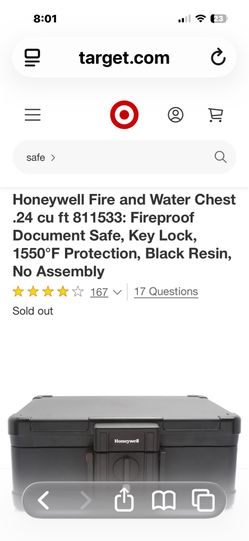 Honeywell Fire and Water Chest .24 cu ft model 811533: Fireproof Document Safe, Key Lock, 1550°F Protection, Black Resin