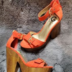 Red Suede Guess Peep Toe Platform Heels Women Shoes Size 9

