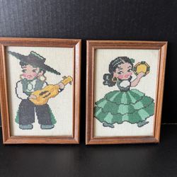 Vintage Mexican Folk Art Needlepoint Framed Art 