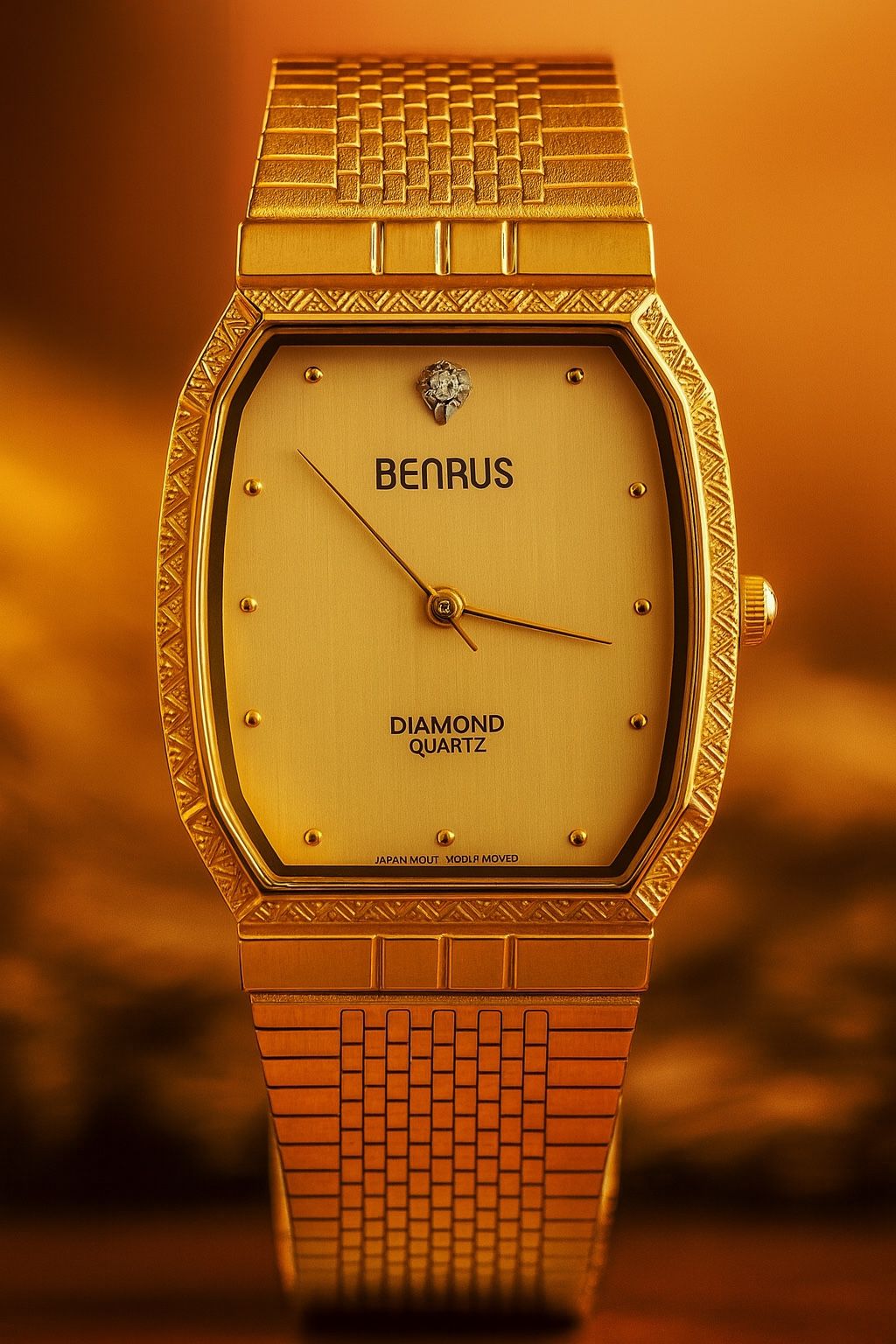 Benrus Men’s Gold-Tone Diamond Quartz Watch Tank Vintage 90’s “Tony Saprano” style Japan Movement