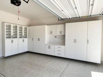 Garage Cabinets with Shelving, Glass Doors, Flat Doors and Drawers for Large Cabinets, Everything is Adjustable