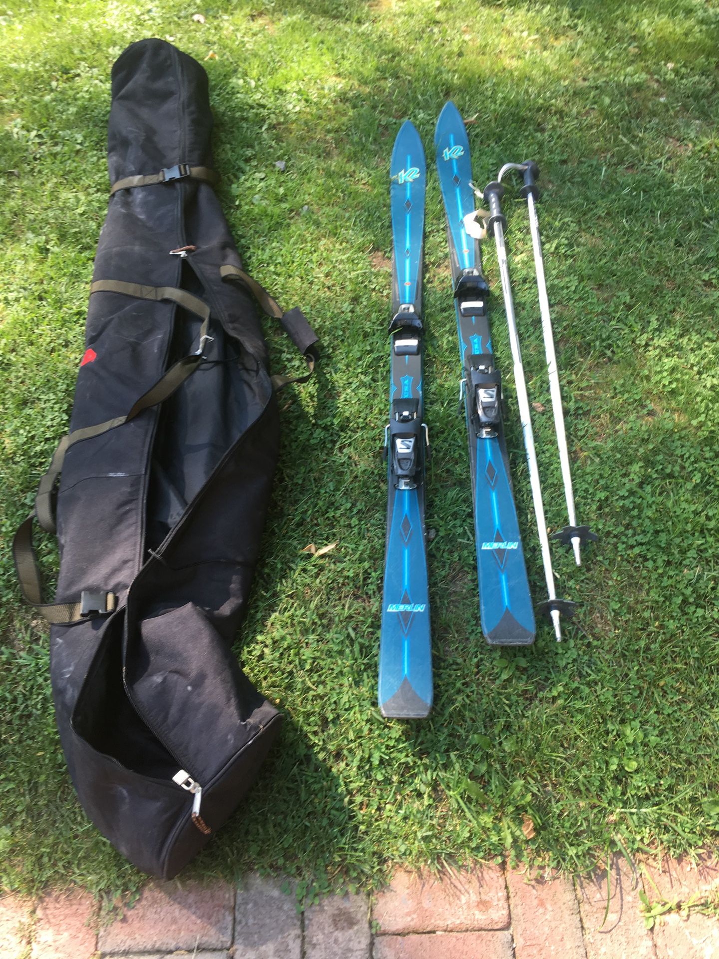 K2 skis, poles and bag