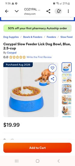 Cozypal Slow Feeder Lick Dog Bowl, Blue, 2.5-cup