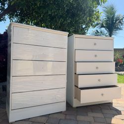 Pair Of White Chests Five Drawers New