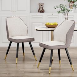 Upholstered Dining Chairs Set of 2, Mid Century Modern Accent Chair, Faux Suede Armless Leisure Side Chair with Golden Metal Legs for Dining Living Ro