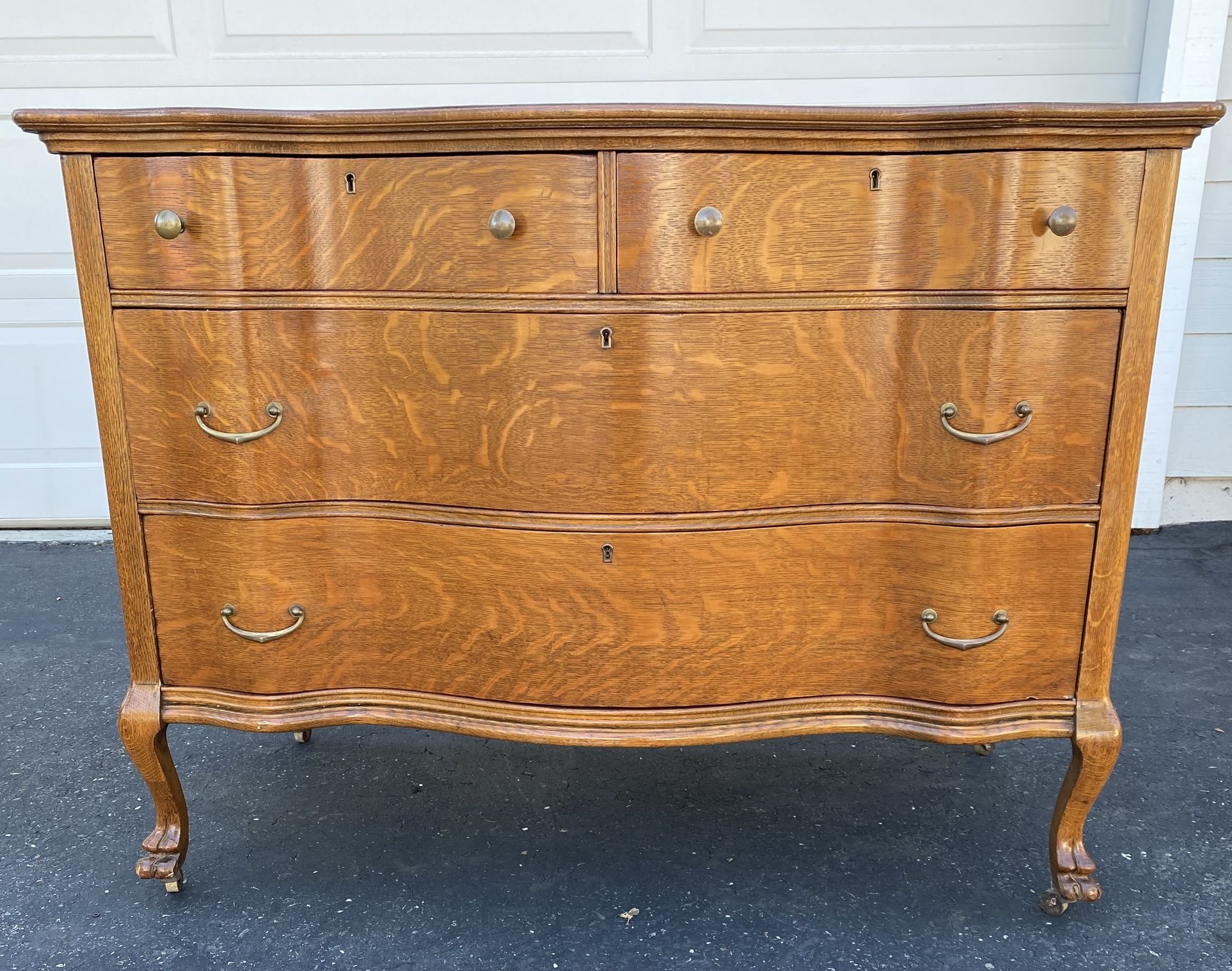 Antique Tiger Wood Dresser on wheels