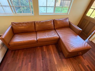 Harris Leather 104" Right Multi-Seat Queen Sleeper Sectional w/ Storage Chaise, Vegan Leather, Saddle Color