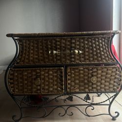 vintage wicker storage with metal details 