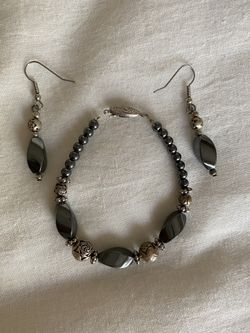 Beautiful Metal and Hematite Color Beaded Matching Bracelet and Earring Set