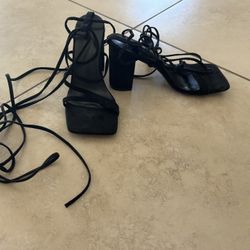 Black Lace Up Square Block Heel