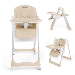 3 in 1 Foldable High Chair for Baby, Adjustable Heights Toddler High Chair with 5 Point Harness, Tray, Foot Rest and Wheels, Beige