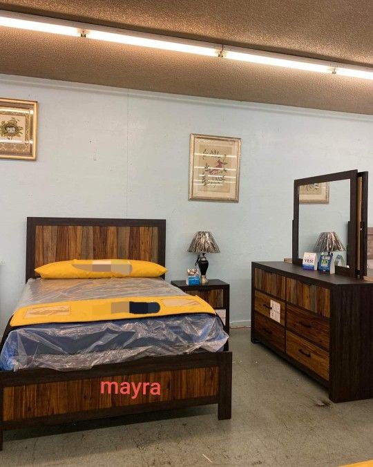 Cooper Wire Brushed Panel Bedroom Set, Recamara, dresser, Mirror, nightstand, bed Frame Queen 