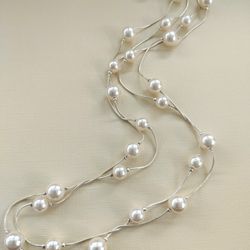 Long Double Strand Pearl Necklace 