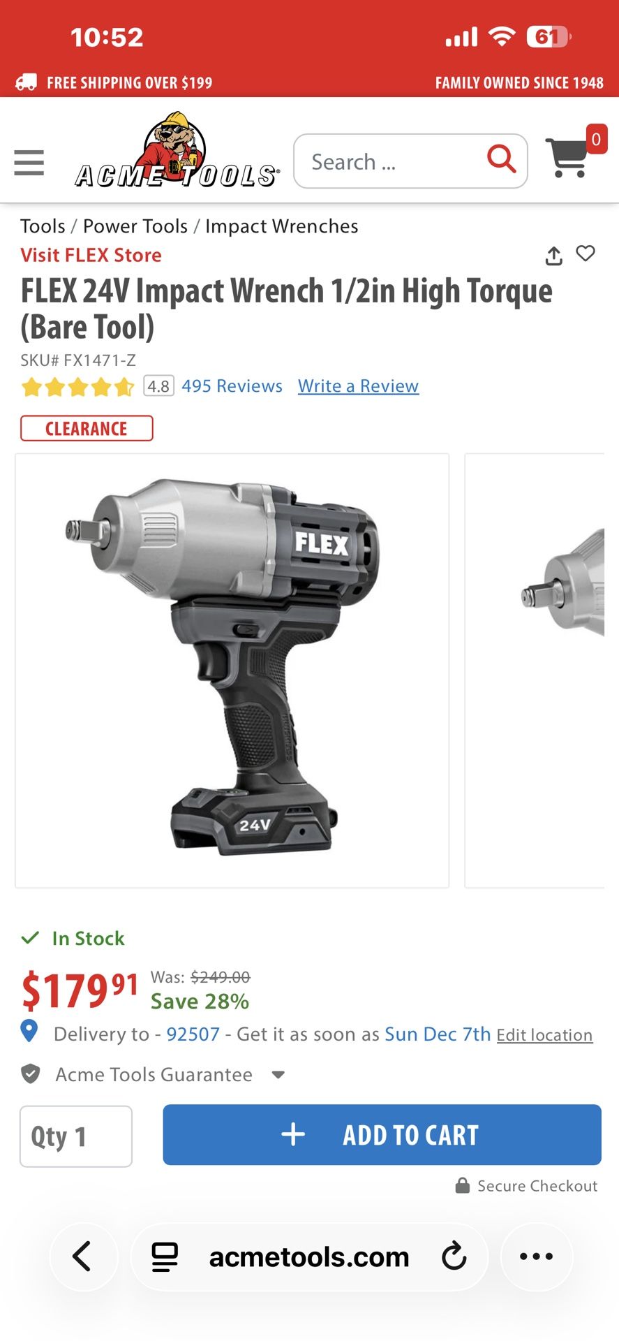 FLEX 24V HIGH IMPACT 1/2 INCH IMPACT WRENCH - $100