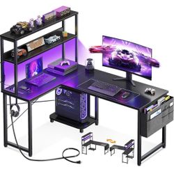 AODK L Shaped Desk Gaming Desk with LED Light & Power Outlet, 43 Inch Reversible L Shaped Computer Table with Shelf, Corner Desk with Storage Bag&Hook