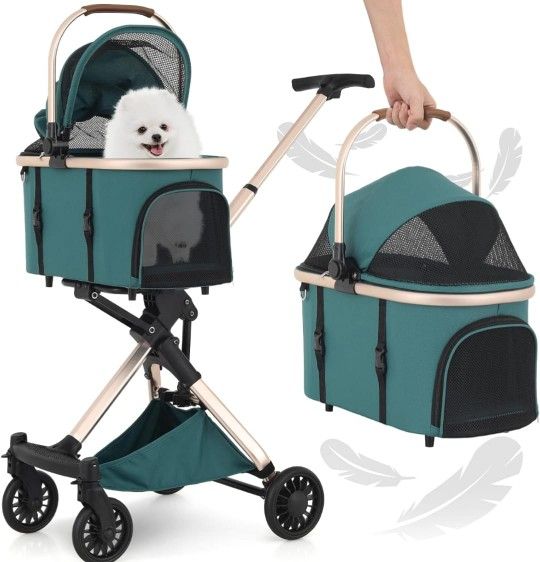 MoNiBloom 3 in 1 Pet Stroller with Adjustable Handle, Jogging Stroller w/Detachable Carrier & Lightweight Aluminum Frame for Dogs Cats, Hunter Green