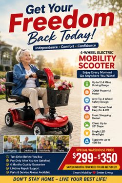 ❤️ Get Your Freedom Back!  Move with confidence wherever you go.  ✔ Stable 4-Wheel Design ✔ Comfortable Swivel Seat ✔ 420 lb Capacity ✔ 12.4 Mile Rang