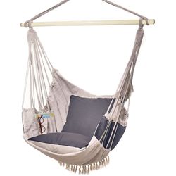 Bdecoru Hanging Hammock Chair Large Swing Chair | Sitting and Reclining Positions | 2-Layer Fabric for Extreme Durability | 2-Tone Beige and Gray Plus