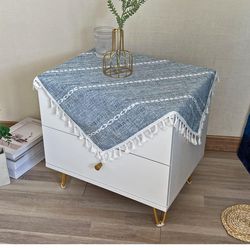 Small Tablecloth Striped Embroidered Washable Blue Table Cover Farmhouse Stitching Tassel Table Cloth for Kitchen Dining Room Tabletop Decoration 24"×