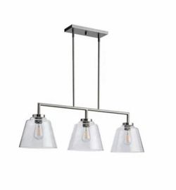 3 -Light Brushed Nickel Farmhouse Clear glass Linear Large Hanging Kitchen island light