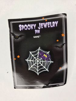Ganz Spooky Jewelry Pin Halloween Purple Glitter Spiderweb on Web Brooch