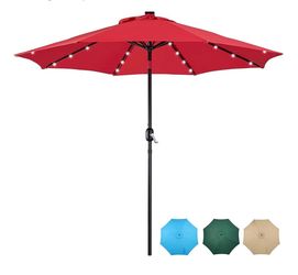 9’ Solar LED Lighted Patio Umbrella with Crank Lift – Red
