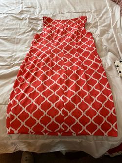 Coral and White Geometric Print Strapless Dress