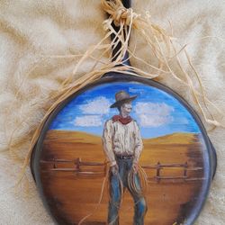 Vintage 8 Inch Cast Iron Skillet w/Cowboy Painting Folk Art. (Nice & Clean) L@@K!