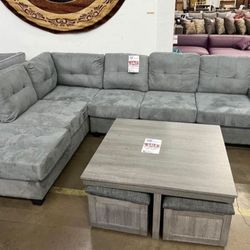 Brand New Heights Gray Velvet Reversible Sectional With Storage Ottoman 