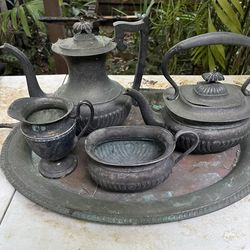 Vintage Silver Plate Tea Set with Tray - F.B. Rogers Silver on Copper + Sheffield Buckinghamshire - 5 Piece