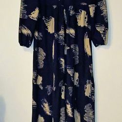 Instyle Navy Blue Brush Pattern Detailed Modest Long Dress 