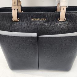 MICHAEL KORS Black Leather Bedford Medium Top Zip Pocket Tote bag Purse NEW
